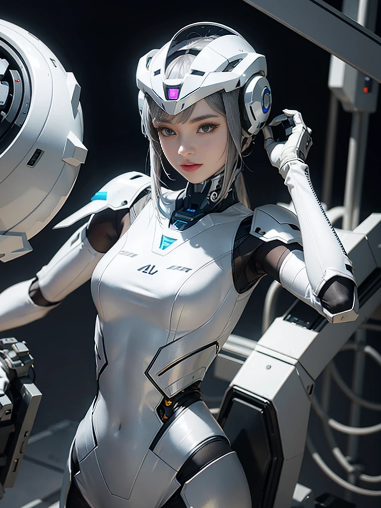 Silver-white mech,Robotic arm,Mechanical helmets,Delicate-faced girl