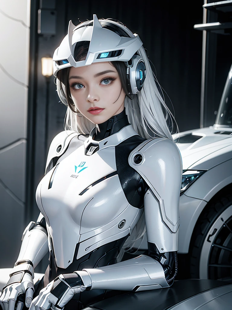 Silver-white mech,Robotic arm,Mechanical helmets,Delicate-faced girl
