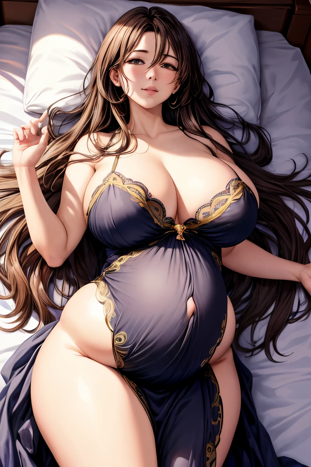 (masterpiece, best quality), 1 girl, sexy woman, pregnant, anime style --s2,
(realistic, high definition), 1 woman, curvy body, pregnant belly,
(anime estilo), 1 woman, sexy, (gravida),
The image showcases a stunning, pregnant anime-style woman lying on a bed, radiating sexiness and vitality. Her voluptuous figure is accentuated by a form-fitting outfit that exposes her ample cleavage and curvaceous hips. Her pregnant belly is prominent and round, with a gentle glow emanating from it. Her long, flowing anime hair cascades over the bed, casting dancing shadows on