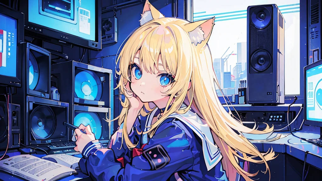 (face, 1 girl, blonde hair, blue eyes, sailor suit, cat ear, kawaii, sitting), (blue cyberpunk, room with big monitor)