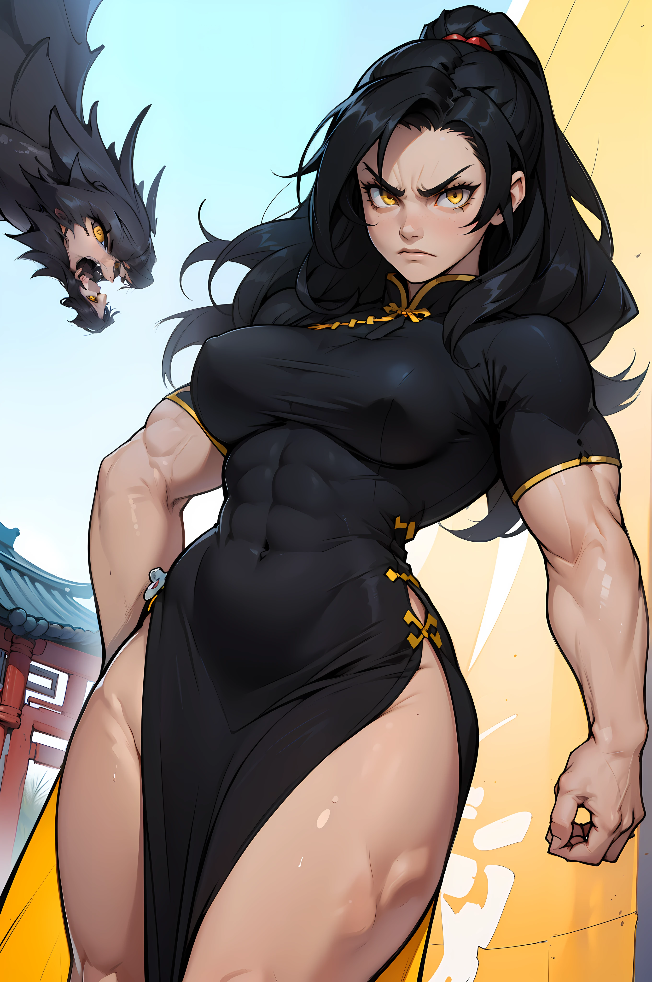 (((((muscular, 1 girl))))), (perky breasts, curvy, black hair, long hair, pale skin, angry, yellow eyes, chinese dress, solo)