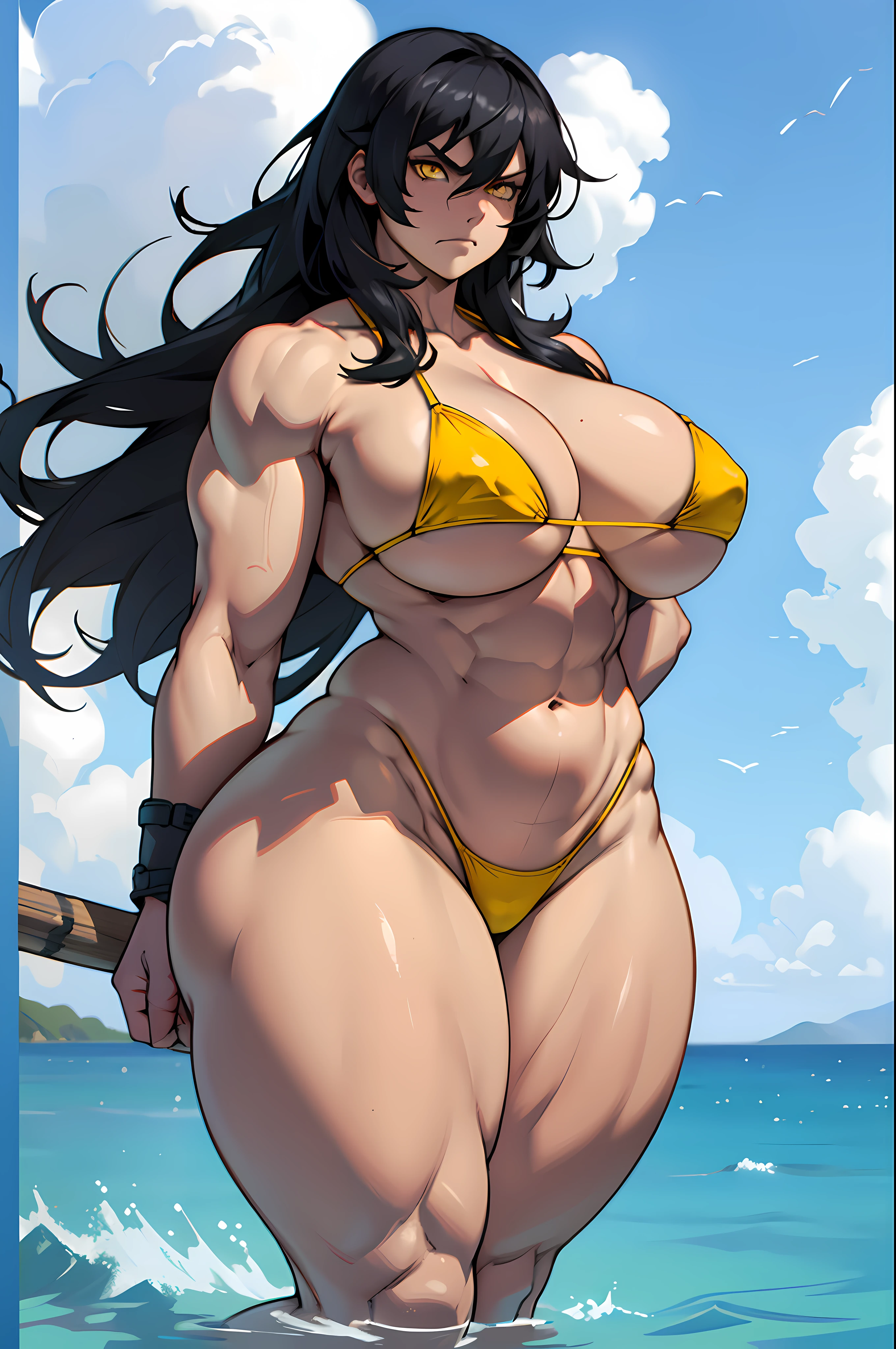 ((1 girl)), ((wide ????)), ((thick thighs)), ((curvy)), ((huge ????)), solo, ((((muscular)))), black hair, yellow eyes, angry, pale sin, micro ??????, water, very long hair