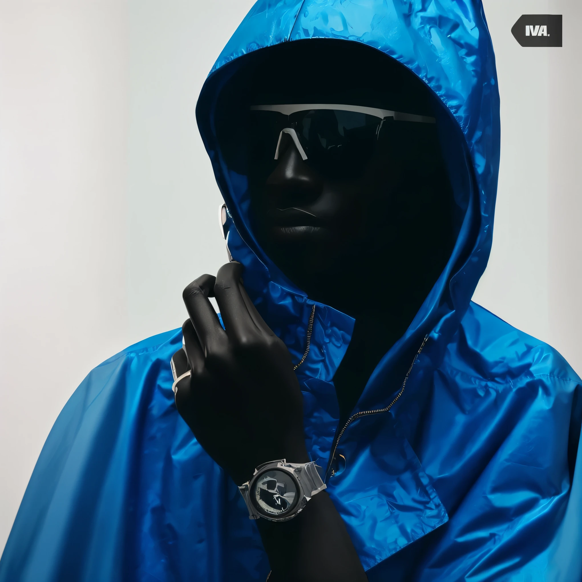 a real portriat, half portrait of a black plastic mannequim, black plastic, black plastic skin color, wearing a long plastic blue coat, make a pose, with sunglasses, poses at professional photo studio, white backgroung, professional studio lights