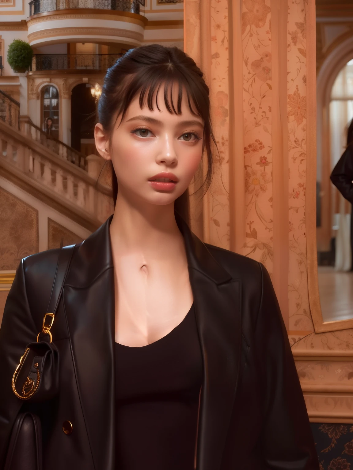 there is a woman standing in a building with a bag, Retrato de Sophie Mudd, estilo de julia razumova, Aleksandra Waliszewska, Mulher francesa de 30 anos, Anastasia Ovchinnikova, por Emma Andijewska, Alina Ivanchenko, Yelena Belova, Angelina Stroganova