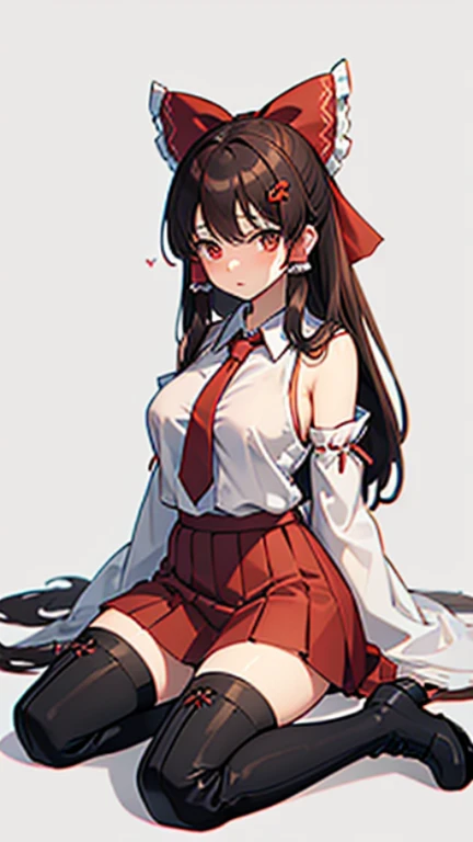 masterpiece, intricate details,highest quality, chromatic aberration, 1 girl, alone, skirt,Reimu Hakurei, long hair,removed sleeve, tie, thigh boots, shirt, boots, skirt, kneel down, No sleeve, skirt, brown hair, whole body, No sleeve shirt, background,Hakurei Shrine , long hair, black shoes, hair ornaments,big breasts,Giant ribbon
