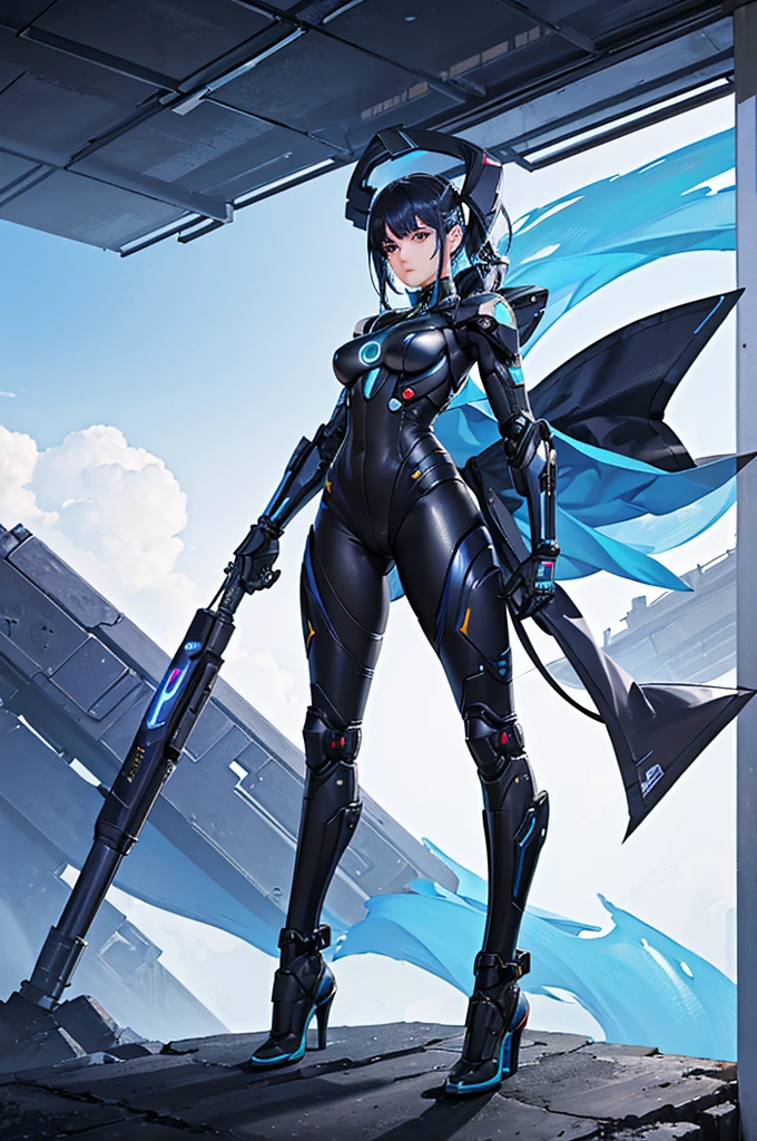 (La mejor calidad,Altas Resoluciones:1.2), Ultra detallado, (realista:1.3), cyberpunk, mujer latina afro, futuristic, retrato, Bright and revealing latex outfit, cyber implants, realidad virtual, maquillaje brillante, Metal body parts, Body modification, ambiente tecno, Antecedentes del paisaje urbano, Floating robotic arms, advanced technology, Electric blue color palette, Surreal lighting. (La ciudad de Cartagena de Indias de fondo).