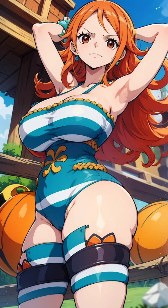 Generar una imagen realista de estilo anime de Nami de One Piece. Captura su apariencia distintiva con cabello naranja, una camisa, and a cheerful expression. Make sure the picture reflects your adventurous and confident personality as shown in the anime.., cuerpo completo, Plano amplio , Curvy athletic body, Antecedentes de la isla,top de sujetador, falda, ojos naranjas, ojos naranjas, armpits