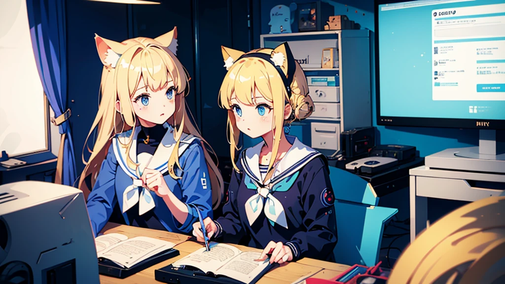 (1 girl, blonde hair, blue eyes, sailor suit, cat ear, kawaii, sitting), (blue cyberpunk, room with big monitor)