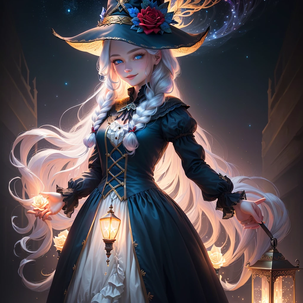 (extremely detailed CG unity 8k wallpaper, masterpiece, best quality, super detail), (charming and charming girl in a deep witch hat decorated with gorgeous golden braids and a charming red rose), (dynamic view, dazzling blue eyes, long silver hair: 1.3, exquisite collection, enchanting smile), (background of magic and mystery, firefly lights, glowing particles, ethereal fog and a shade of darkness), high saturation.