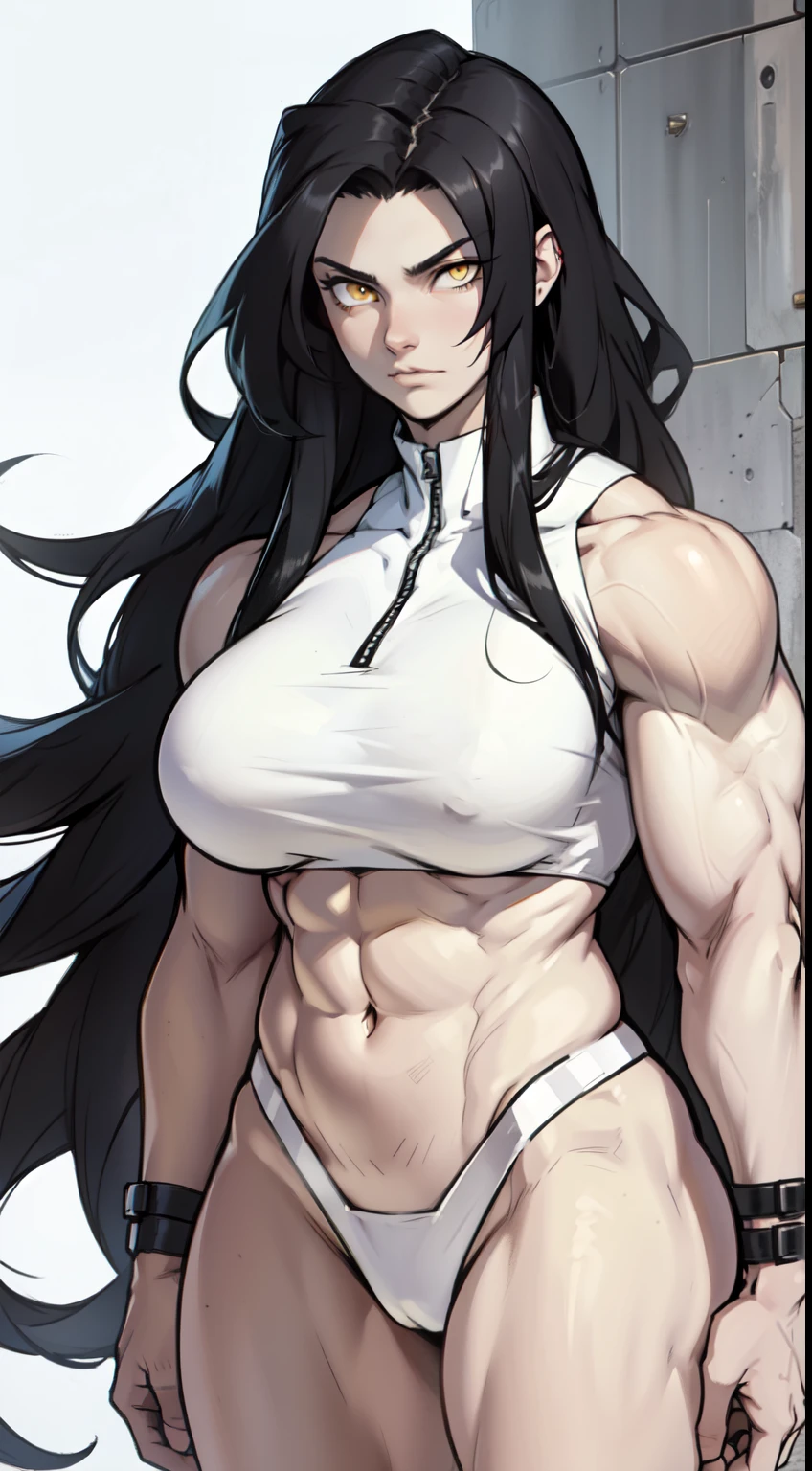 1 girl, black hair, yellow eyes, very long hair, pale skin, ((((extremely muscular)))), (large breasts), (confident expression)