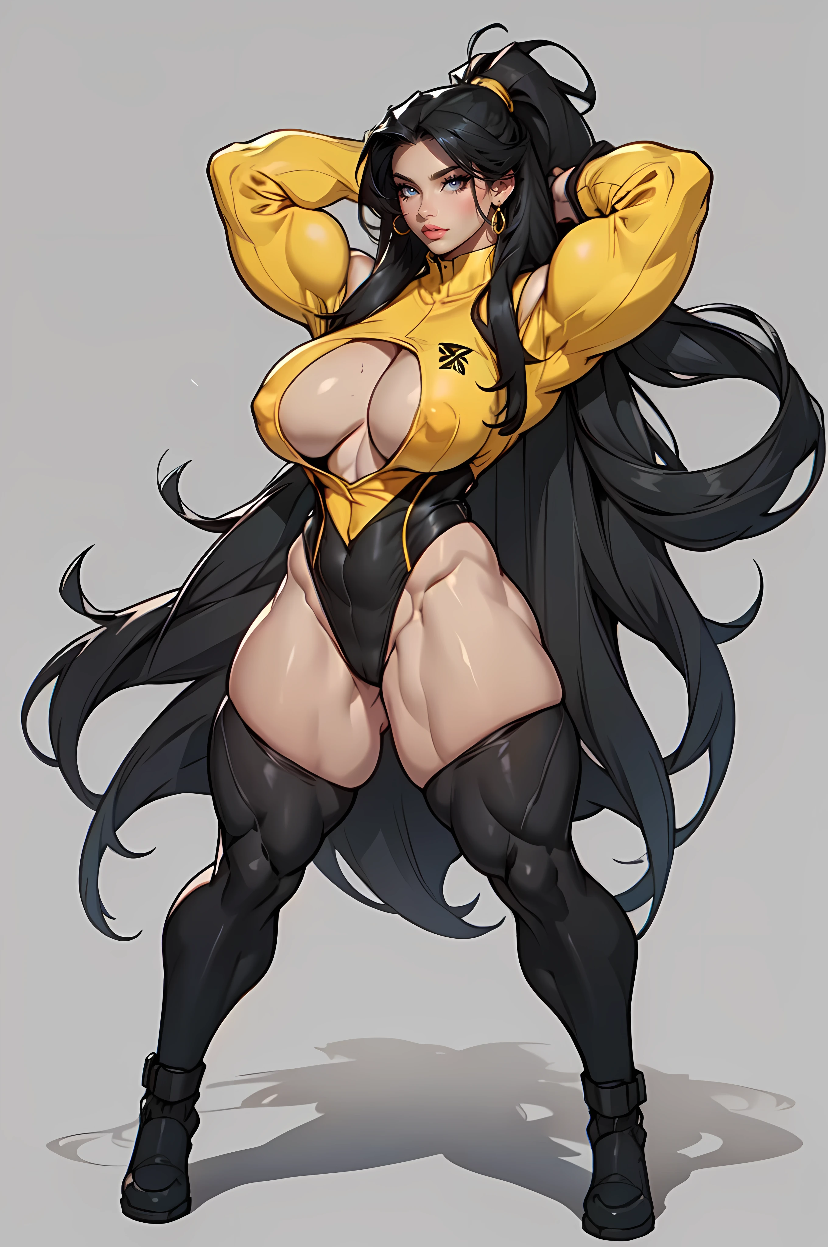 ((grey background)) pale skin black hair yellow eyes (very long hair) angry ((1 girl muscular toned body bodybuilder curvy wide hips thick thighs big tits)) (full body solo) standing (long sleeves leotard arms over head)