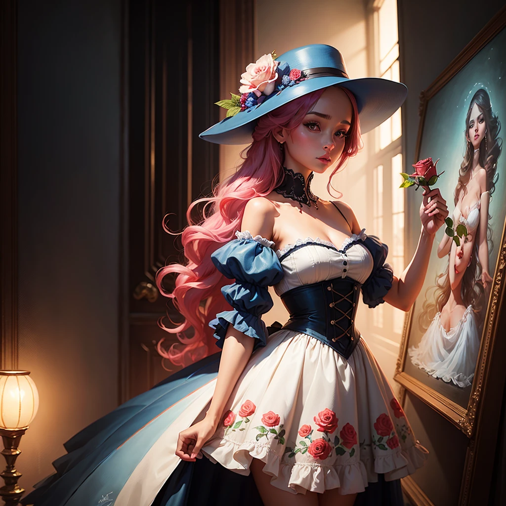 There is a woman in a dress and hat holding a rose, arte digital detalhada bonito, painting digital adorable, Beautiful digital illustration, bela arte digital, stunning digital illustration, Arte no estilo de Guweiz, 🌺 CGSetnation, pintura digital bonita, kawaii retrato realista, a beautiful artwork illustration, pintura de personagem bonita, Alexandra Fomina Artstation, arte digital bonito