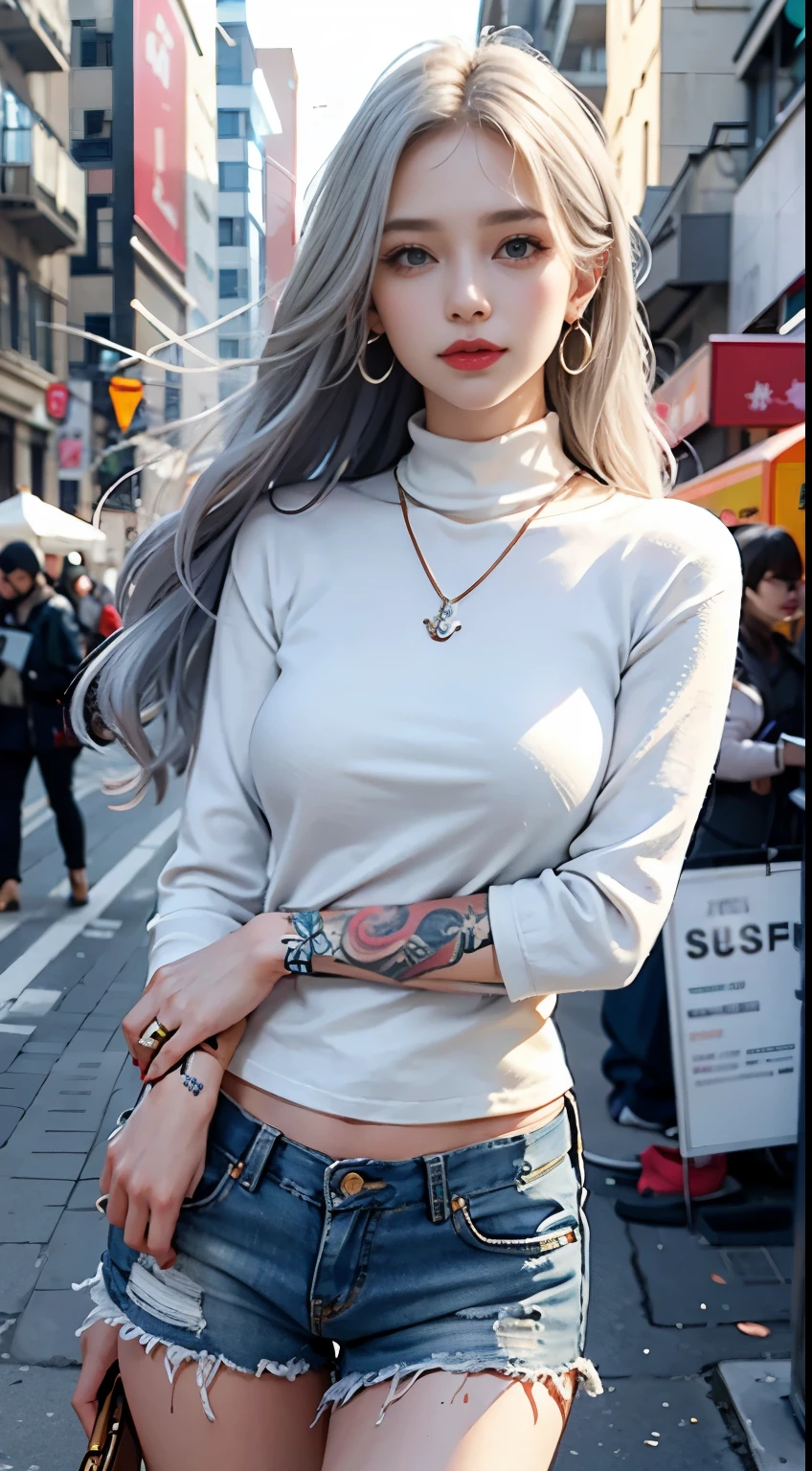 Beautiful girl college student,masterpiece,light makeup,red lips,silver hair,messy long hair,street background,beautiful,grace。super fine details,work,authentic texture,Realistic movie lighting,完美的work,8K,HD,exquisite features,White Skinny Turtleneck Top,White Skinny Shorts,slim body shape,big and bright eyes,,earrings,necklace,Tattoos