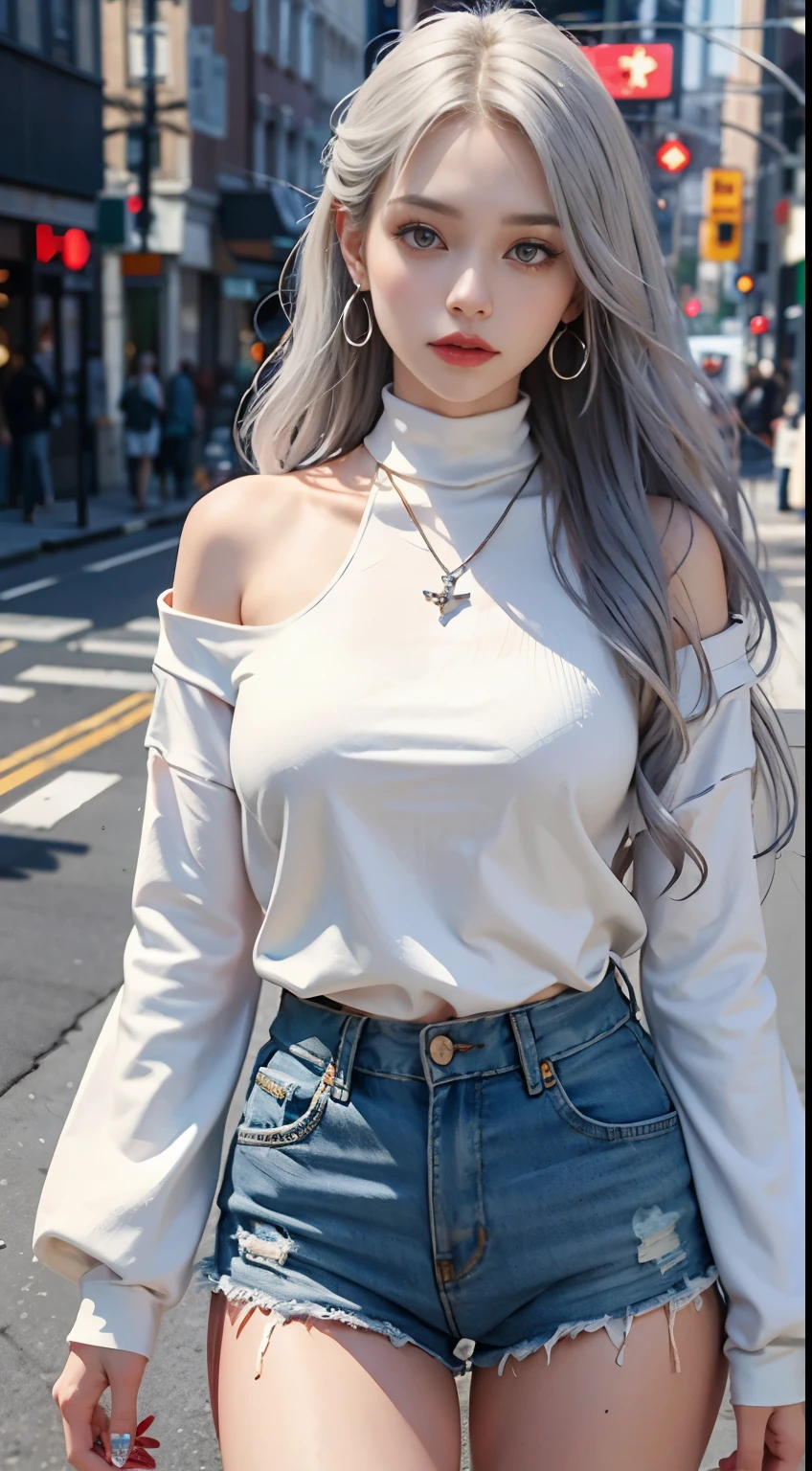 Beautiful girl college student,masterpiece,light makeup,red lips,silver hair,messy long hair,street background,beautiful,grace。super fine details,work,authentic texture,Realistic movie lighting,完美的work,8K,HD,exquisite features,White Skinny Turtleneck Top,White Skinny Shorts,slim body shape,big and bright eyes,,earrings,necklace,Tattoos