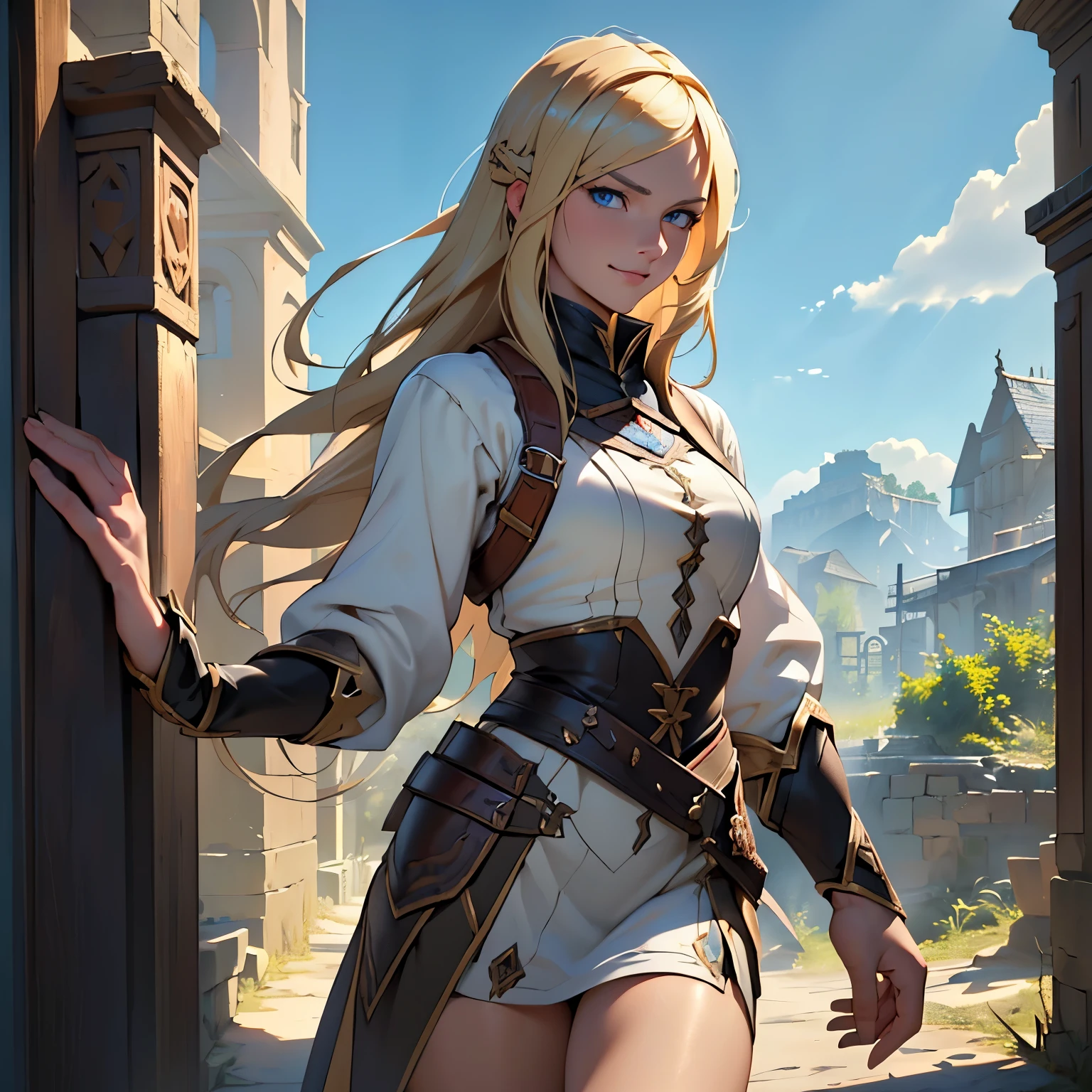 (blonde, long hair), (blue eyes: 1.1), gentle smile, feminine, (medieval monster hunter outfit: 1.1), smooth skin, (slender figure), (emphasized thighs: 1.1) , (best quality, high resolution), portrait. (best quality, 4k, 8k, high resolution, masterpiece: 1.7),