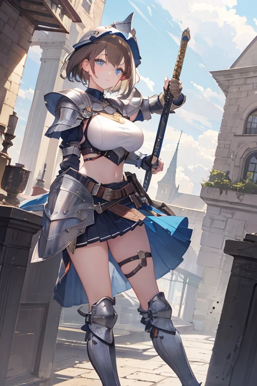 cloud, day,outdoors, standing in front of a castle , holding a sword in her hand, (helmet:1.3),(armor),(breastplate),(skirt_armor),(silver_BRA),a helmet on her head,armored_boots, (Blue_eyes),(brown_hair),(short_hair), (hair_Bun),(Bangs), 1 girl, 20yo,Young female,Beautiful Finger,Beautiful long legs,Beautiful body,Beautiful Nose,Beautiful character design, perfect eyes, perfect face,expressive eyes, looking at viewer, From_Center, From_front,full_body, official art,extremely detailed CG unity 8k wallpaper, perfect lighting,Colorful, Bright_Front_face_Lighting,shiny skin, (masterpiece:1.0),(best_quality:1.0), ultra high res,4K,ultra-detailed, photography, 8K, HDR, highres, absurdres:1.2, Kodak portra 400, film grain, blurry background, bokeh:1.2, lens flare, (vibrant_color:1.2) (Beautiful,large_Breasts:1.4), (beautiful_face:1.5),(narrow_waist),