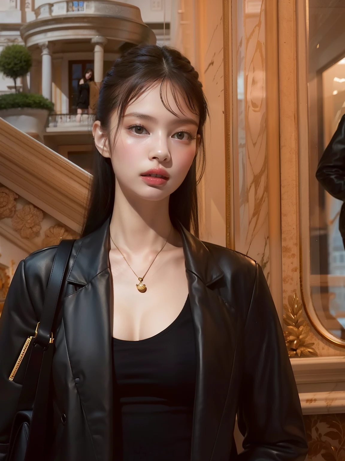 there is a woman standing in a building with a bag, Retrato de Sophie Mudd, estilo de julia razumova, Aleksandra Waliszewska, Mulher francesa de 30 anos, Anastasia Ovchinnikova, por Emma Andijewska, Alina Ivanchenko, Yelena Belova, Angelina Stroganova