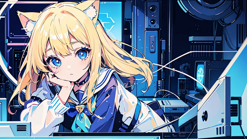 (close up), (1 girl, blonde hair, blue eyes, sailor suit, cat ear, kawaii), (blue cyberpunk, room with big monitor)