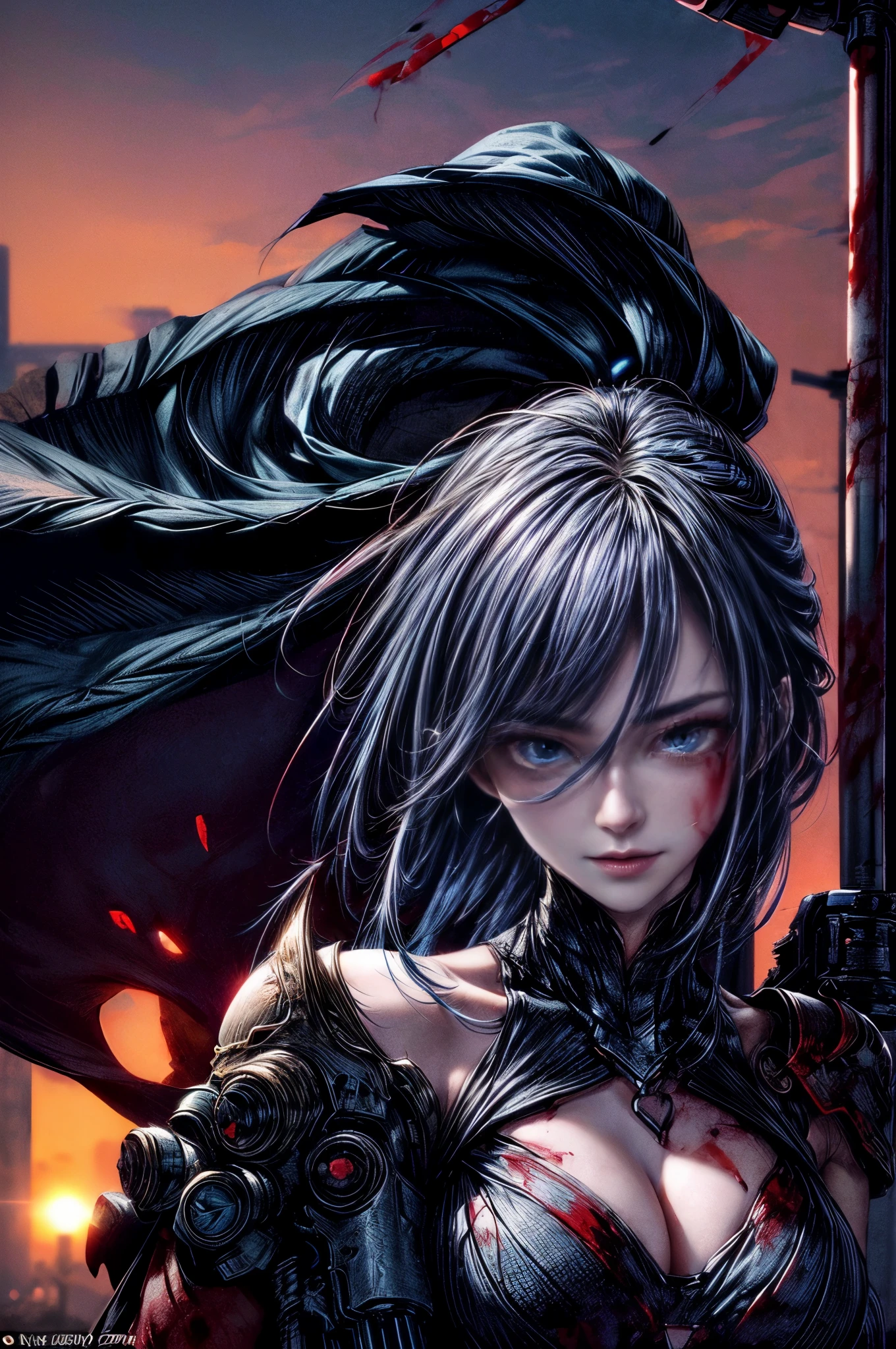 cinematic lighting、highest quality,cyberpunk world、1 female、(20 year old beautiful woman、Detailed beautiful facial features、medium hair、shoulder length hair、blue eyes、smile、tilt one side'head of:1.4)break,medium hair、(bright blue hair、gleaming hair:1.5)(pose of temptation、chest and cleavage:1.4)(Cybertechware with a tattered and evil image:1.2)(scratch、Return blood adheres to the face and chest:1.3)(fluttering muffler:1.3)android(very beautiful sunrise scenery、roof of the building:1.2)