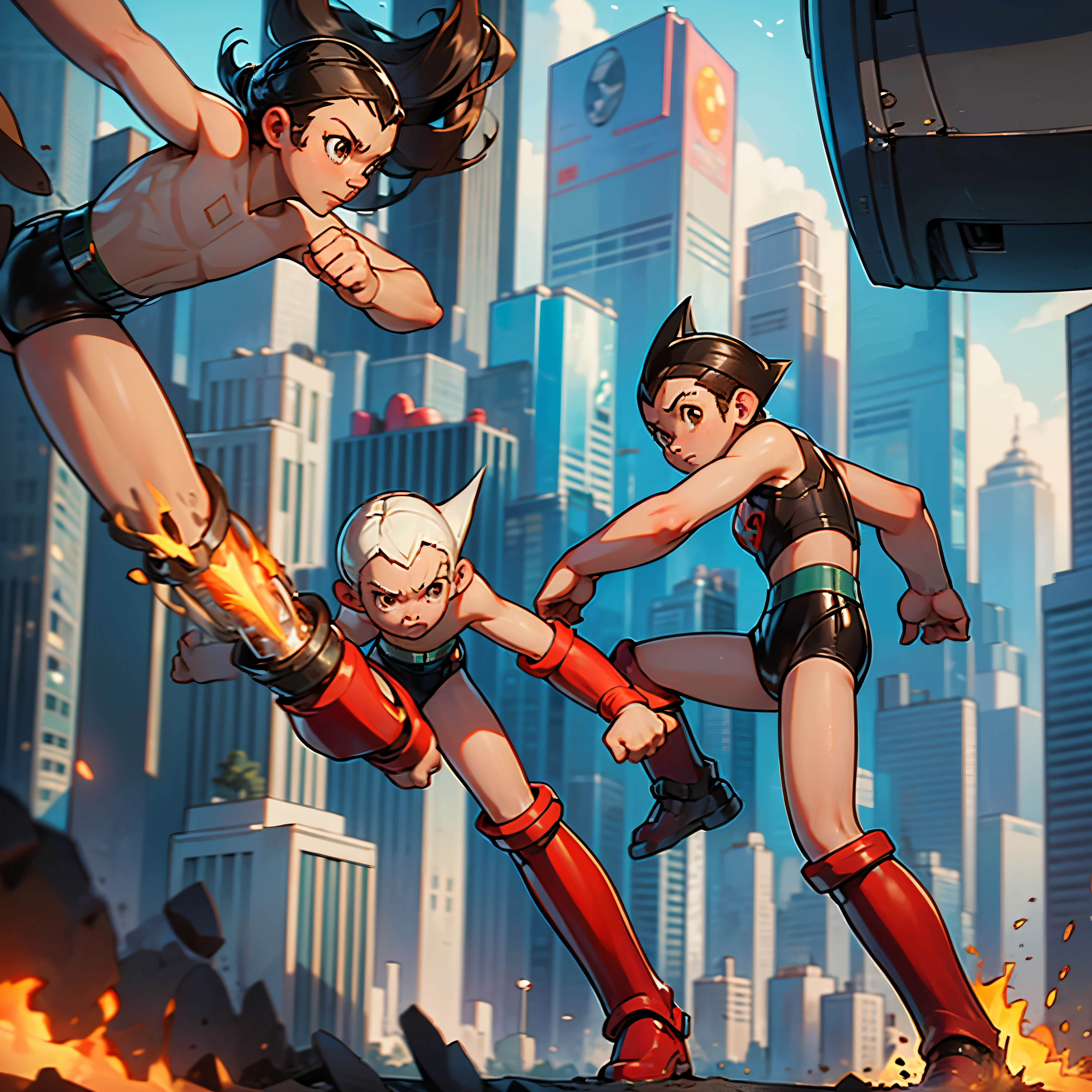 ((masterpiece, best quality)),(complex light),astro boy,black hair, brown eyes,red boots, fighting postion, about to fight, futuristic city varied multi etc. --v 6 --s 1000 --c 20 --q 20 --chaos 100
