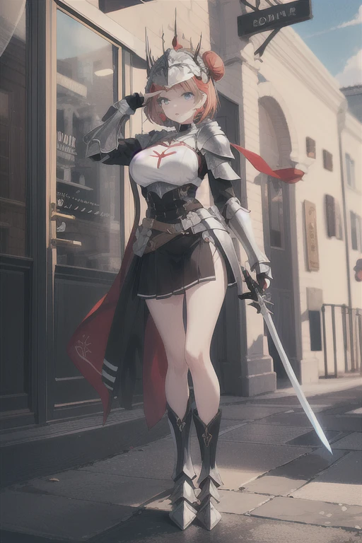 cloud, day,outdoors, standing in front of a castle , holding a sword in her hand, (helmet:1.3),(armor),(breastplate),(skirt_armor),(silver_BRA),a helmet on her head,armored_boots, (Blue_eyes),(brown_hair),(short_hair), (hair_Bun),(Bangs), 1 girl, 20yo,Young female,Beautiful Finger,Beautiful long legs,Beautiful body,Beautiful Nose,Beautiful character design, perfect eyes, perfect face,expressive eyes, looking at viewer, From_Center, From_front,full_body, official art,extremely detailed CG unity 8k wallpaper, perfect lighting,Colorful, Bright_Front_face_Lighting,shiny skin, (masterpiece:1.0),(best_quality:1.0), ultra high res,4K,ultra-detailed, photography, 8K, HDR, highres, absurdres:1.2, Kodak portra 400, film grain, blurry background, bokeh:1.2, lens flare, (vibrant_color:1.2) (Beautiful,large_Breasts:1.4), (beautiful_face:1.5),(narrow_waist),