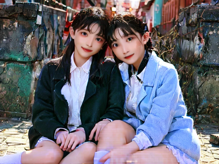 masterpiece, highest quality, realistic, High resolution, highest quality, cinematic lighting, Super detailedな, UHD, Accurate, anatomically correct, rough skin, Super detailed, advanced details, Awards, High resolution, 1080P, HD, 4K, 8K, 16k, strong contrast, anatomically correct , rough skin, NSFW, chained two girls together, hug, sitting on the floor, white chemise with translucent lace, ((Torn and dirty clothes, Bandaged)), first round, The background is a very dark and dirty basement.