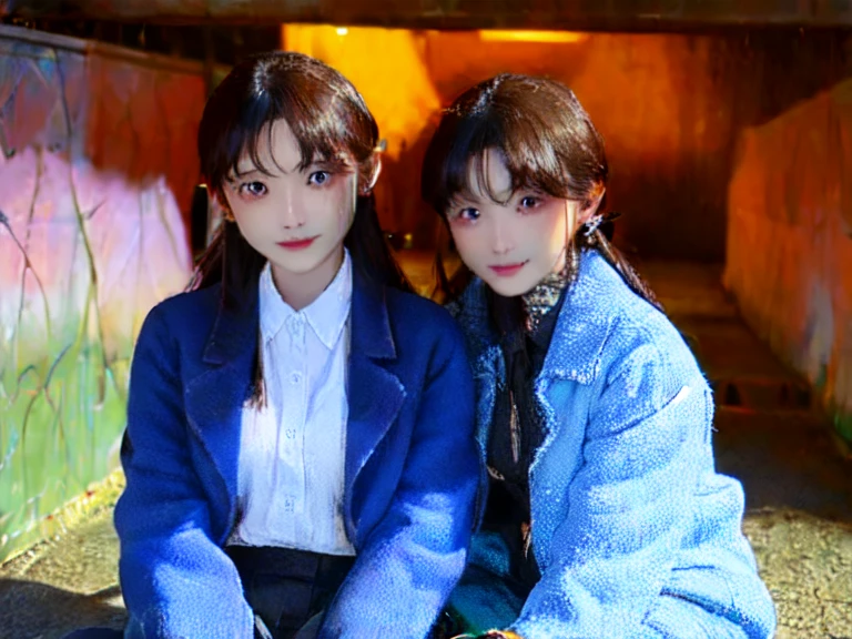 masterpiece, highest quality, realistic, High resolution, highest quality, cinematic lighting, Super detailedな, UHD, Accurate, anatomically correct, rough skin, Super detailed, advanced details, Awards, High resolution, 1080P, HD, 4K, 8K, 16k, strong contrast, anatomically correct , rough skin, NSFW, chained two girls together, hug, sitting on the floor, white chemise with translucent lace, ((Torn and dirty clothes, Bandaged)), first round, The background is a very dark and dirty basement.