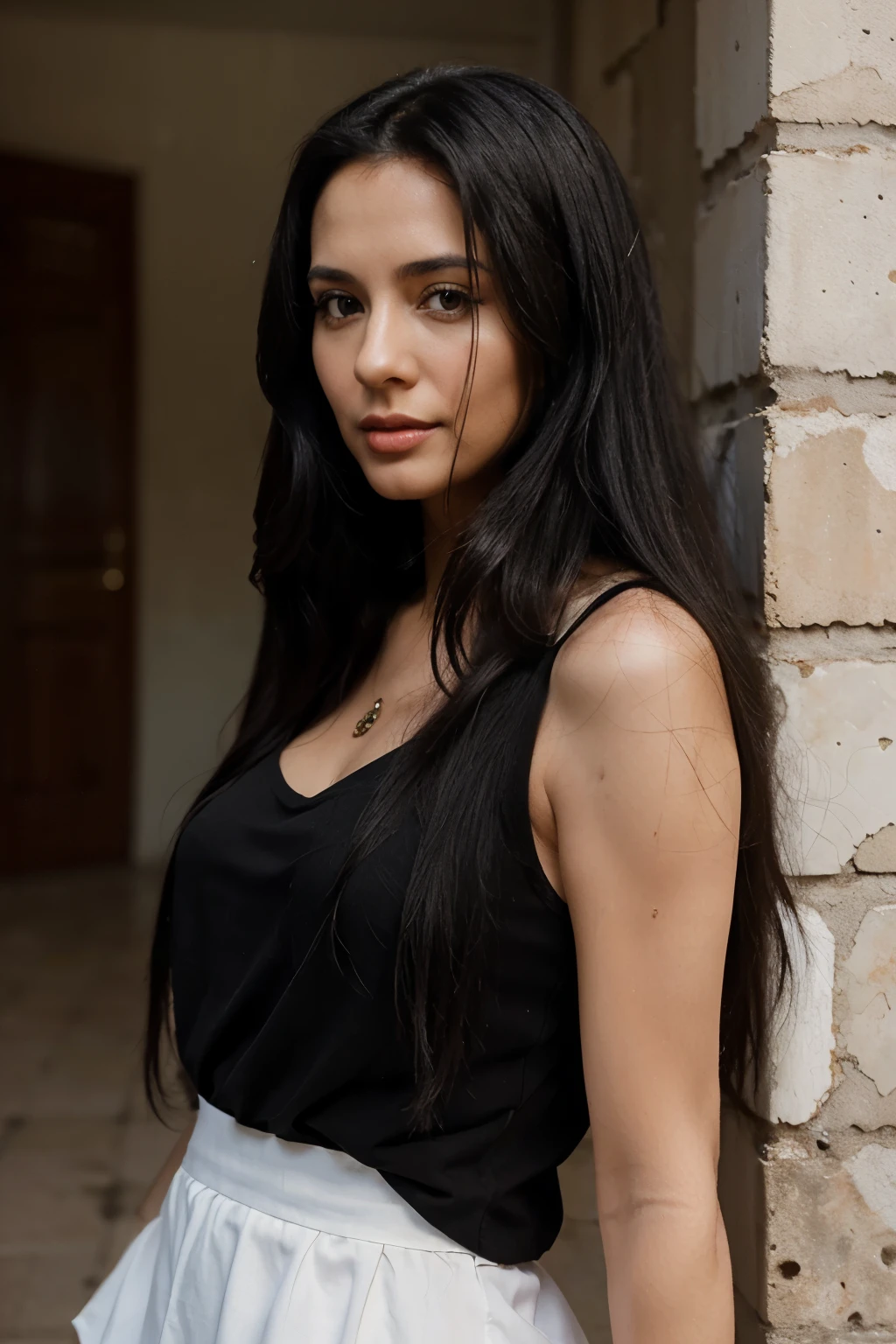 Sexy model with small breasts, wearing a white shirt, black hair, incredibly detailed, 25 years old, flirtatious expression, wavy black hair, deep-set dark eyes, high-resolution, masterpiece, best quality, intricate details, sharp focus, realistic skin texture, detailed eyes, professionally captured, 4k, captivating gaze, filmed with Canon, 50 mm lens, low depth of field, Kodak Vision color, form-fitting shirt, ultra-realistic, photorealistic, realist, post-processing, maximum details, smooth skin, authentic essence, ultra-realistic, photorealism, photography, 8k U