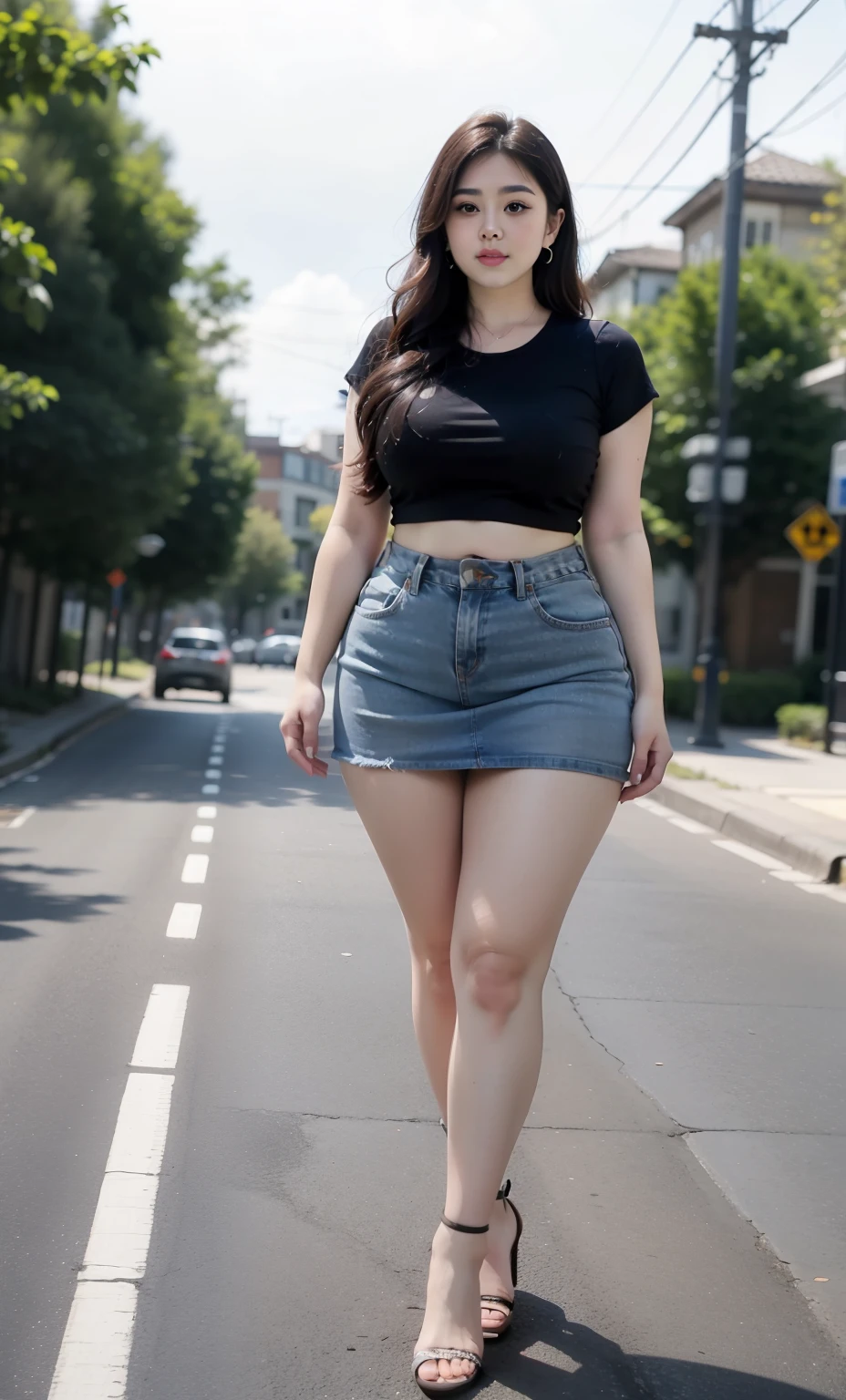 ((best quality)), ((masterpiece)), (detailed), perfect face, araffe woman in a dark-blue shirt and blue denim skirt walking down a street, thicc, she has a jiggly fat round belly, bbwchan, wearing tight simple clothes, skinny waist and thick hips, widest hips, her belly is fat and round, soft curvy shape, hyperrealistic full figure, wearing a cute top, wide hips