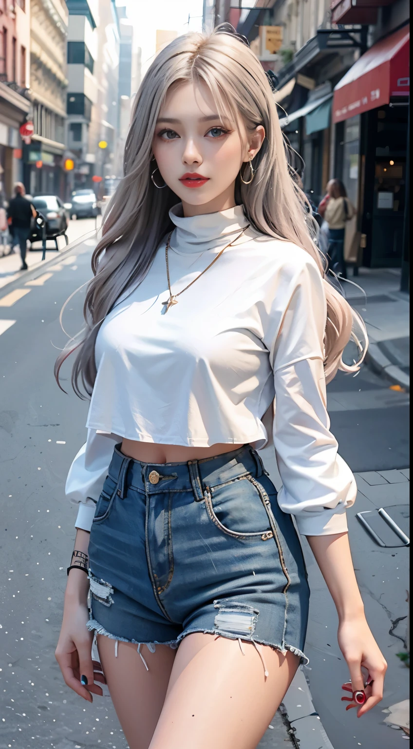 Beautiful girl college student,masterpiece,light makeup,red lips,silver hair,messy long hair,street background,beautiful,grace。super fine details,work,authentic texture,Realistic movie lighting,完美的work,8K,HD,exquisite features,White Skinny Turtleneck Top,White Skinny Shorts,slim body shape,big and bright eyes,,earrings,necklace,Tattoos