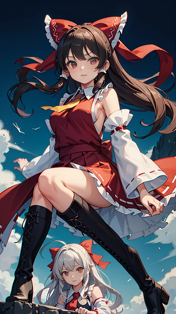 masterpiece, intricate details,highest quality, chromatic aberration, 2 girls, In combat,skirt, Reimu Hakurei,long hair, removed sleeve, tie, thigh boots, shirt, boots, skirt, No sleeve,skirt,whole body, No sleeve shirt, background,long hair, 白色のbackground, black shoes, big breasts,dream seal,Marisa Drizzle,Master Spark