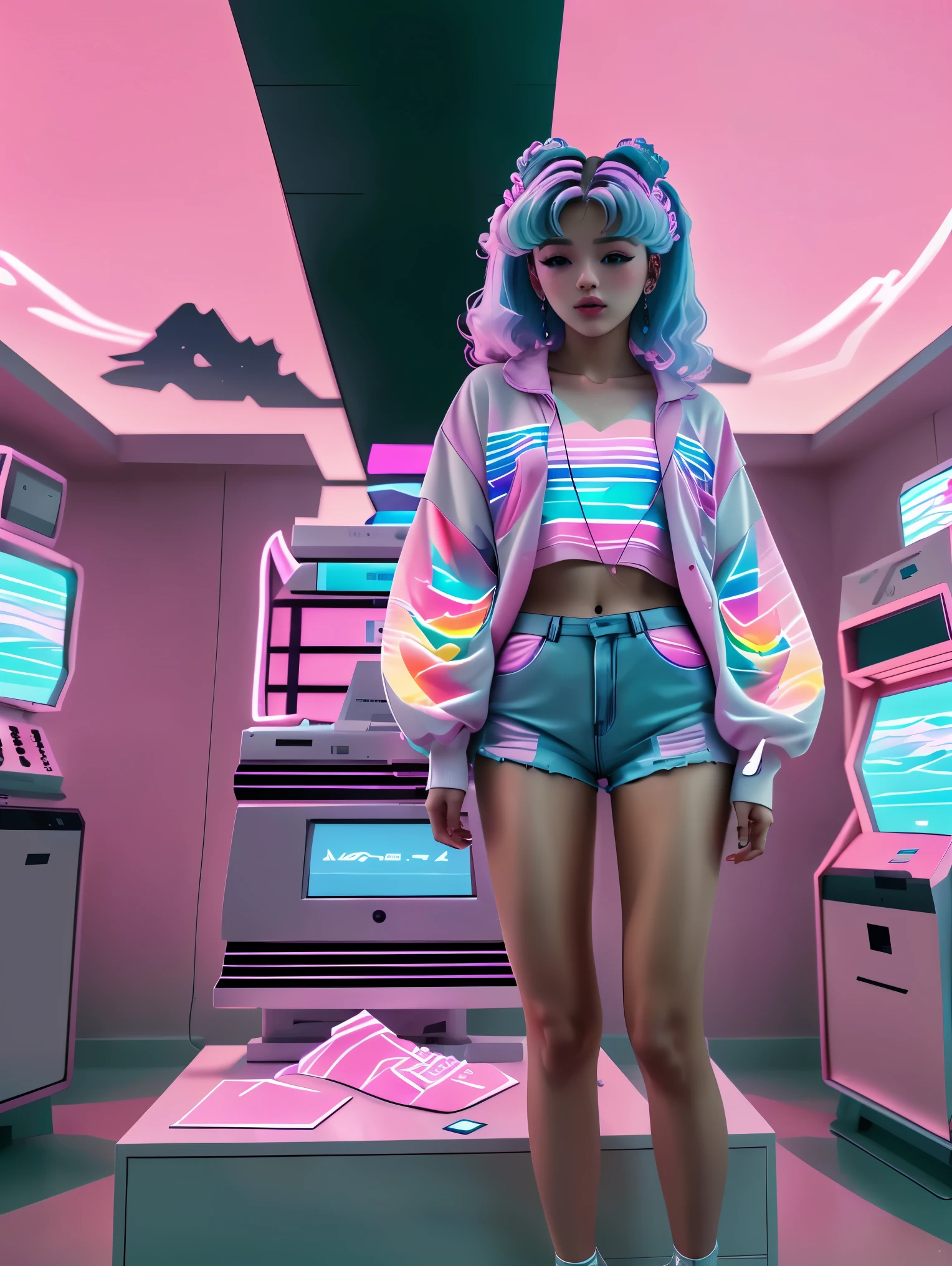 masterpiece, cutecore vaporwave style, 1 woman, playing game, gaming room, casual clothes, 