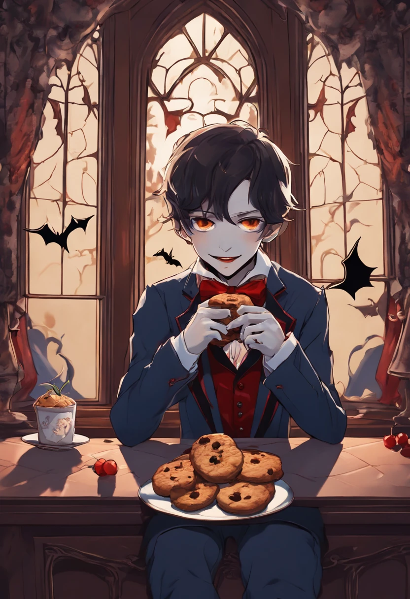 sitting 1boy pale (handsome vampire:1.2), blue suit, eating a cookie, (a plate of cookies in the shape of bats:1.2), (fangs:1.3), gothic mansion room, (cherry ornate), (lighting behind the window), (looking at the viewer:1.5), cherry