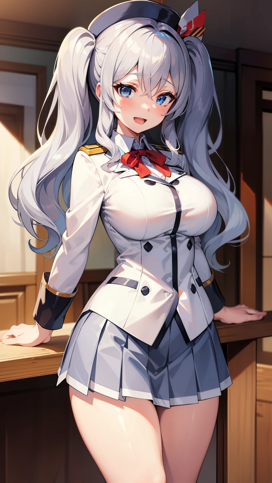 Open mouth, large breasts ,blue eyes,BTPT-FC,wide hips,smile,,wide hips,open mouth,wavy hair,solo,kashima,twintail,
silver hair,tsurime,kantai collection, smile,,wide hips, best quality,white jacket, military jacket, military uniform,gray skirt,pleated skirt,hat,standing,cowboy shot,room,red neck ribbon,frilled sleeves