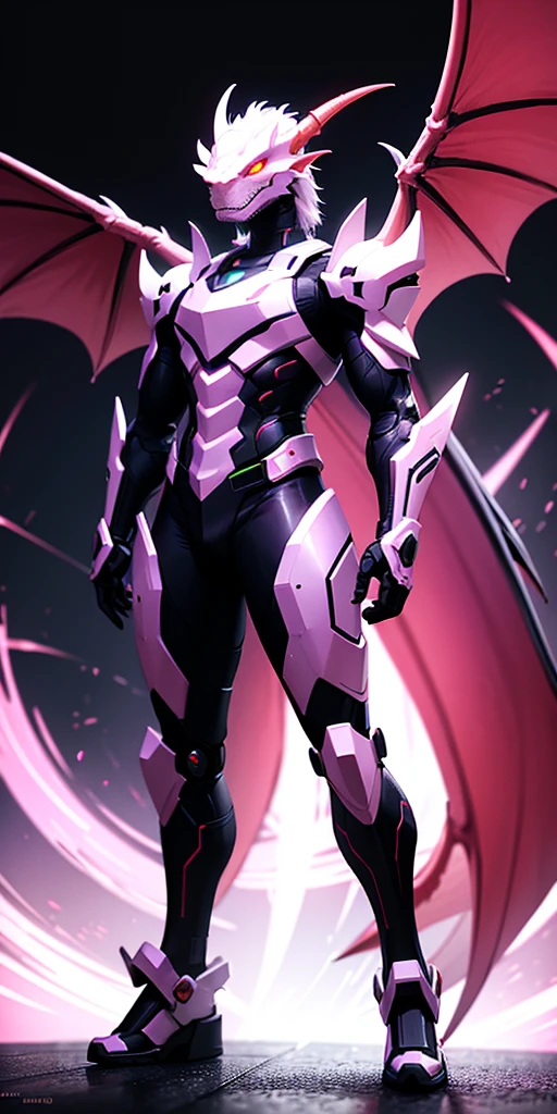 (((full body photo))) ((Dragon head))) cyber warrior, (white armor), hold gun in hand, cyber punk city background, neon lights, full body shot