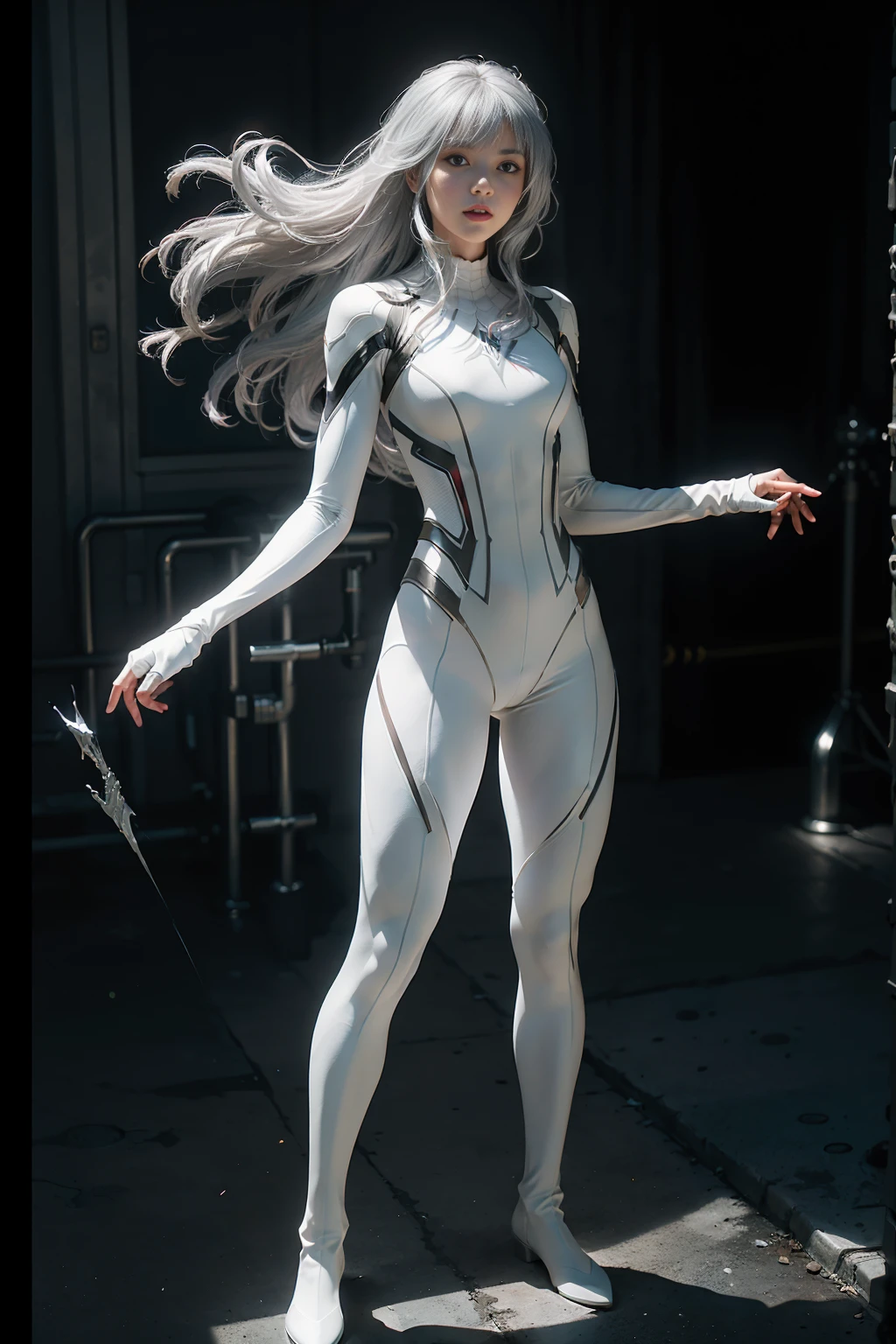 (((full body photo))) (CG Unity 8K wallpaper in extreme detail，tmasterpiece，Highest image quality)，(Delicate light and shadow，The picture is highly dramatic，Cinematic lens effect)，A girl in a white Spider-Man costume，Silver-gray hair color，From the Spider-Man parallel universe，Wenger，Marvel，Spidey，are standing，dynamicposes)，(Exceptional detail，The lighting effect is outstanding，Vista wide angle)，(Excellent rendering，Enough to stand out from the crowd)，The focus is on the white Spider-Man costume，Complex spider textures