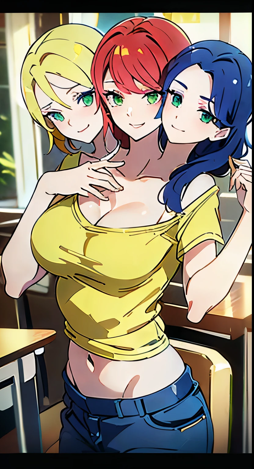 best quality, (masterpiece),(ultra-detailed), (high quality), (high resolution), (3heads:1.5) ((red hair)), ((blonde yellow hair)), ((blue hair)), (larger breasts), cleavage, best quality:1.5, highres, UHD, 4K), smiling, ((blue t shirt)), (detailed green eyes), trousers, (mature woman), ((casual school uniform)), sexy proportions, (exposed midriff), thighs, Beautiful girl with accentuated slender abs, eyeshadow, ((closeup))