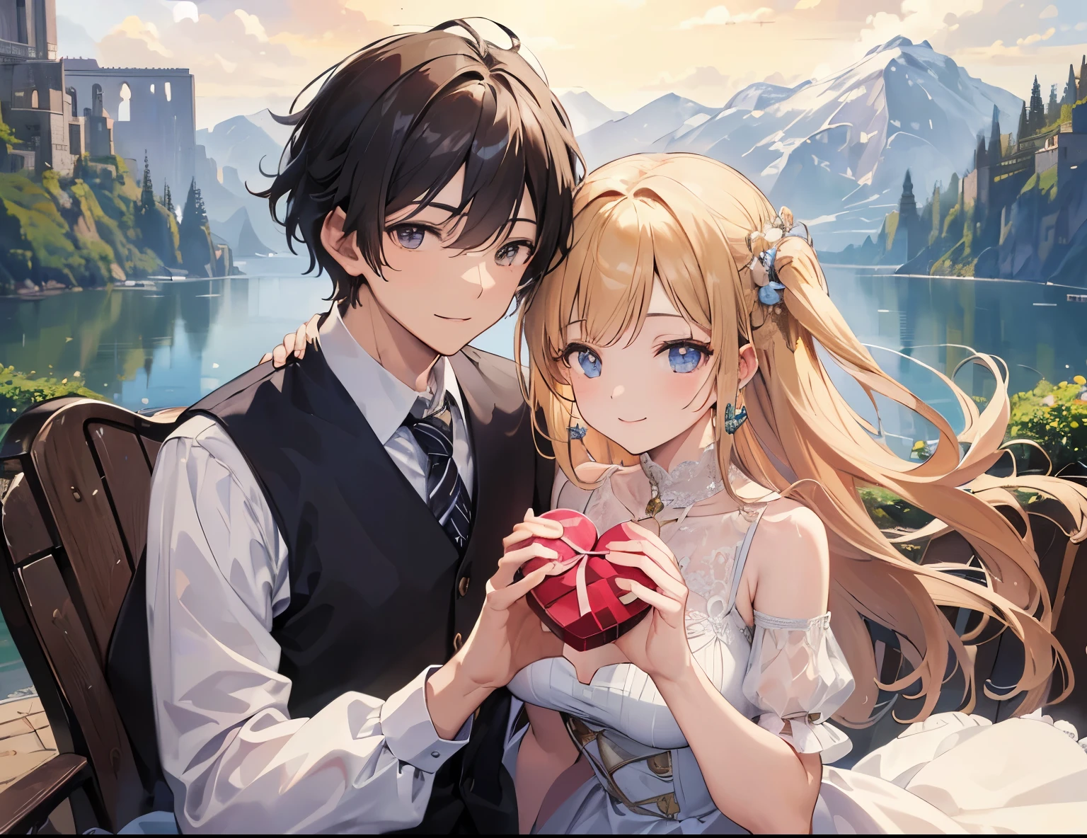 ((Best quality, A high resolution, Masterpiece:1.2)), (Romantic) ,(Happy smile),(Clear facial features),(Couple portrait) a man and a woman holding a gift box with a heart Romantic couple photo, Valentine, landscape