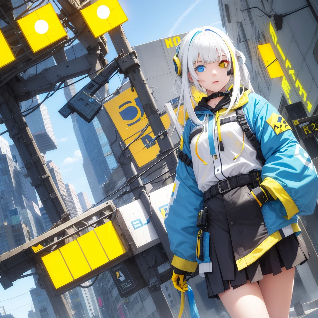 A girl with (heterochromia:blue and yellow:1.333)0.8], long white hair with bangs, highlighting her colored eyes, wearing technological clothes:1.25). 