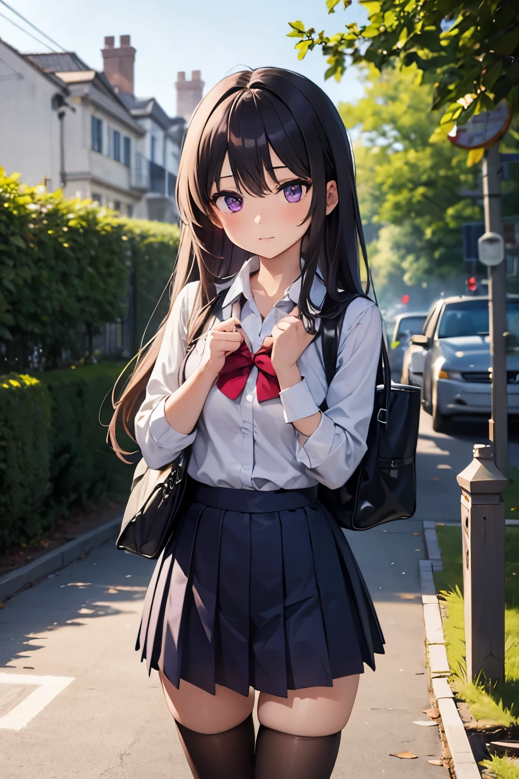 1 girl, black hair and purple locks, long hair, purple eyes, school uniform boku no hero academy