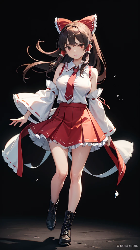masterpiece, intricate details,highest quality, chromatic aberration, girl, In combat,skirt, Reimu Hakurei,long hair, removed sleeve, tie, boots, shirt, boots, skirt, No sleeve,skirt,whole body, No sleeve shirt,long hair, black shoes, big breasts,dream seal, background:air,