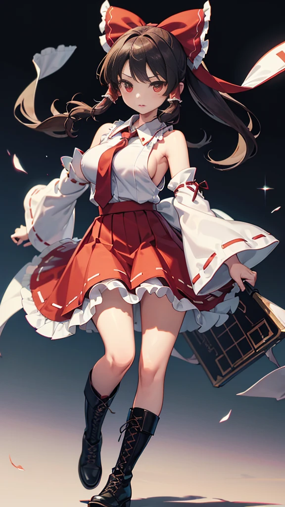 masterpiece, intricate details,highest quality, chromatic aberration, girl, In combat,skirt, Reimu Hakurei,long hair, removed sleeve, tie, boots, shirt, boots, skirt, No sleeve,skirt,whole body, No sleeve shirt,long hair, black shoes, big breasts,dream seal, background:air,
