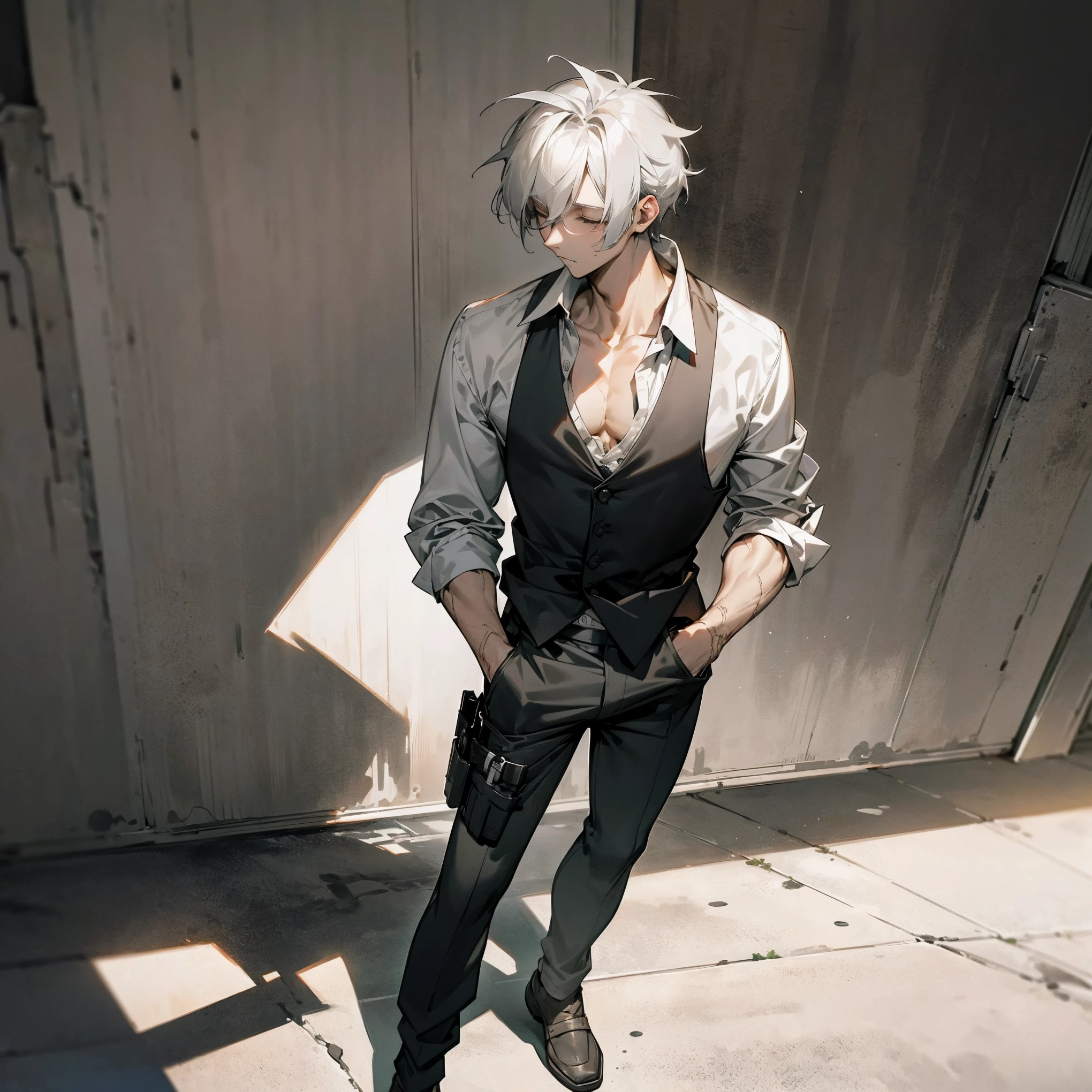 1male, teen, messy pale grey hair with black highlights, closed eyes, body scars, posing with hands in pockets, loose v neck shirt with sleeves rolled up, suit vest, loose baggy jogging pants, empty underarm gun holster, gun holster under armpit, best lighting and shadows, night time big city, tokyo