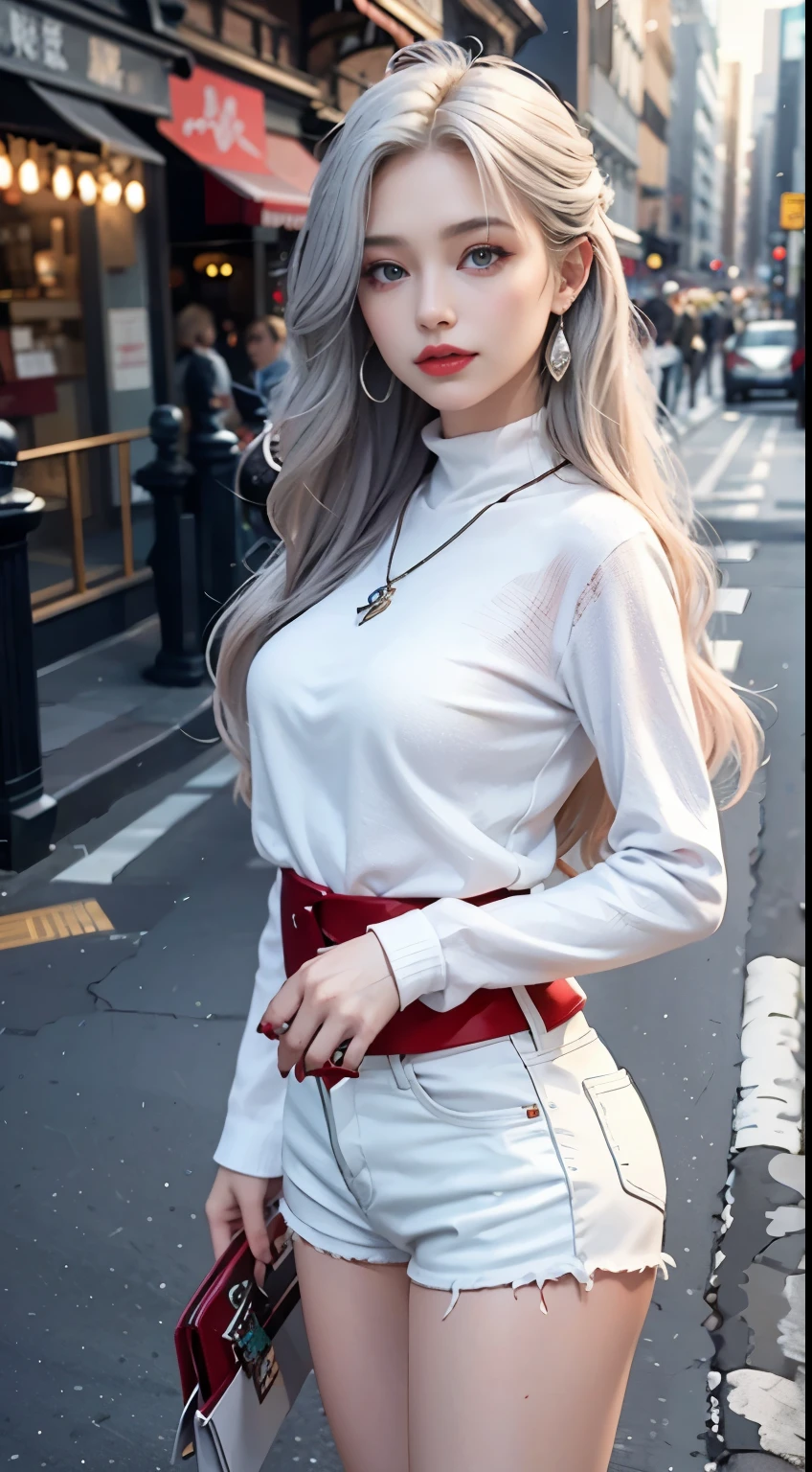Beautiful girl college student,masterpiece,light makeup,red lips,silver hair,messy long hair,street background,beautiful,grace。super fine details,work,authentic texture,Realistic movie lighting,完美的work,8K,HD,exquisite features,White Skinny Turtleneck Top,White Skinny Shorts,slim body shape,big and bright eyes,,earrings,necklace,Tattoos