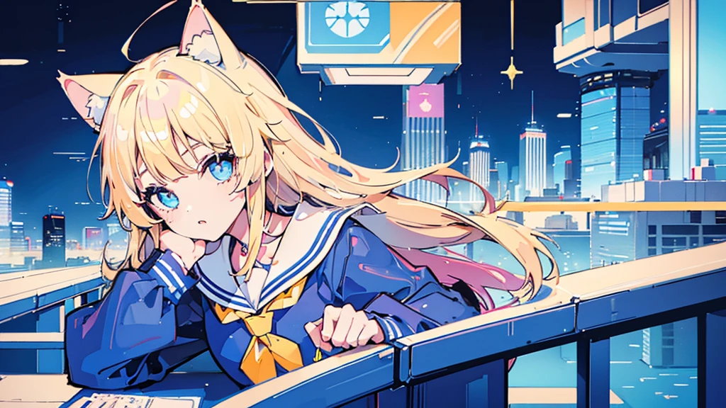 (1 girl, blonde hair, blue eyes, sailor suit, cat ear, kawaii), (blue cyberpunk city, metropolis, shining stars, bblue neon)