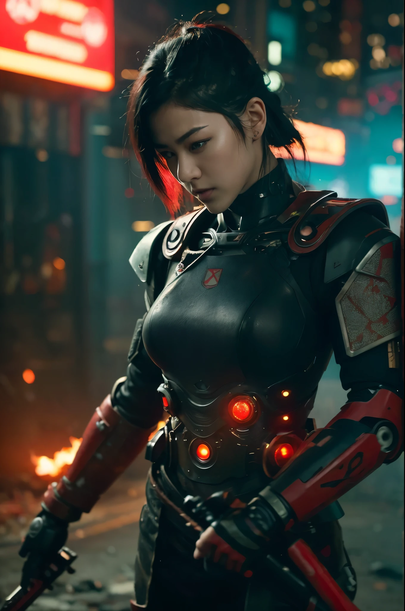 This is a CG Unity 8k wallpaper with ultra-detailed, high-resolution and top quality in cyberpunk style, dominated by black with a hint of red, In the picture, a beautiful Japanese girl with a short straight half shaved black hair, a delicate face, wearing a damaged, scraped, dented but intricate carbon steam armored mecha suit covered in little red Japanese characters,  tattooed on neck, standing on the ruins in a (Kong Fu) pose, holding a pure black katana with a red glowing razor blade, behind her is a huge military robot, Social realism, Hyperrealism, sparkle, cinematic lighting, lens flare, Ultra-Wide Angle, moody, ruins scene, dramatic light, cinematic, black ash, bokeh, motion blur, sparks, burning