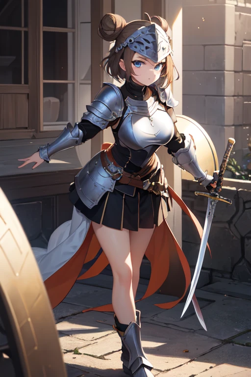 Haibara Ai、girl、one person、brown hair、Cat ear、cat tail、Western armor、knight、prepare a sword、excalibur、night、cemetery、UHD, retina, masterpiece, ccurate, anatomically correct, textured skin, high details, best quality