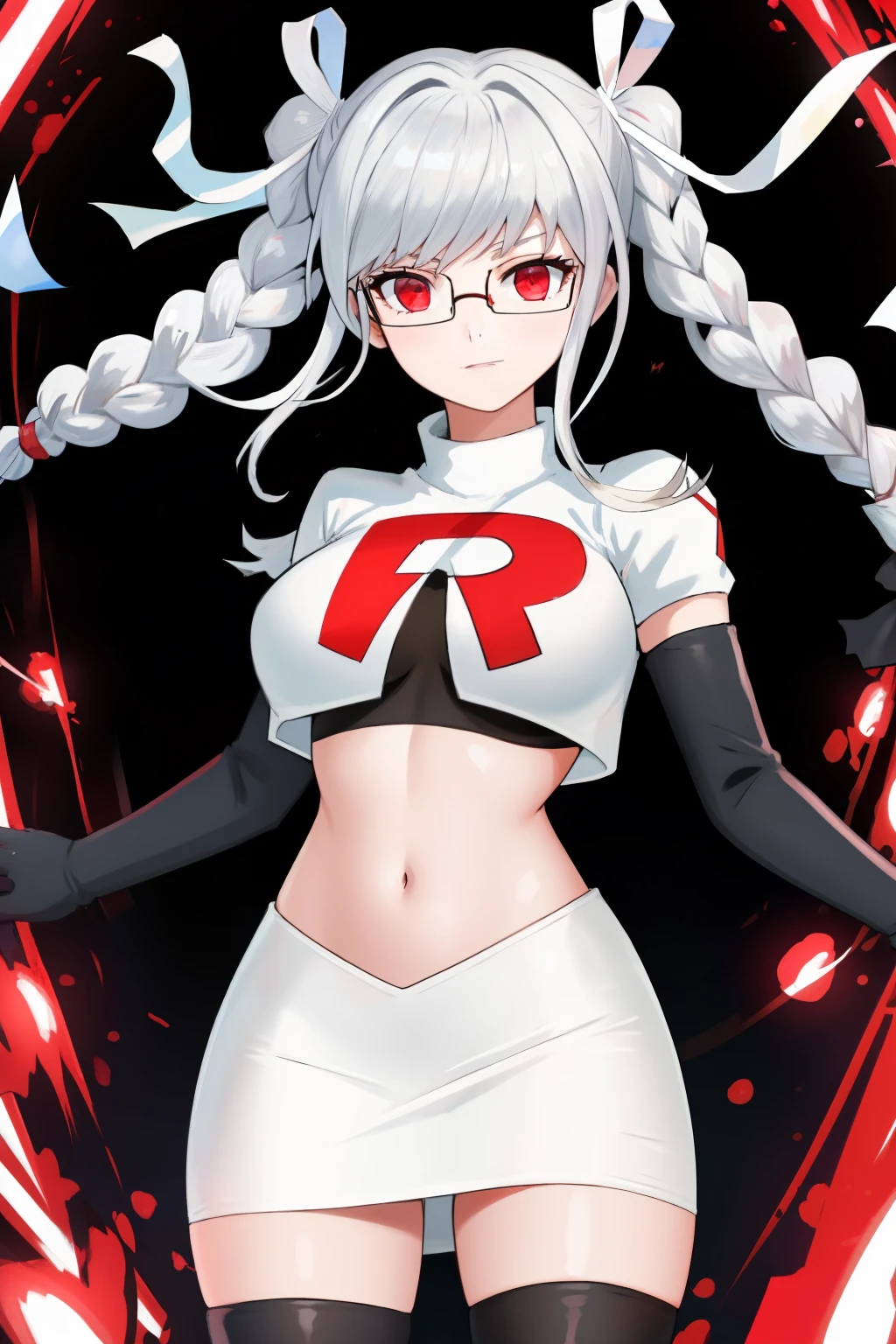 1girl, breasts, cowboy shot, floating hair, glasses, hair ribbon, large breasts, shiny, shiny hair, solo, white ribbon, team rocket,team rocket uniform,white skirt,red letter R,crop top,black thigh-highs,black elbow gloves
