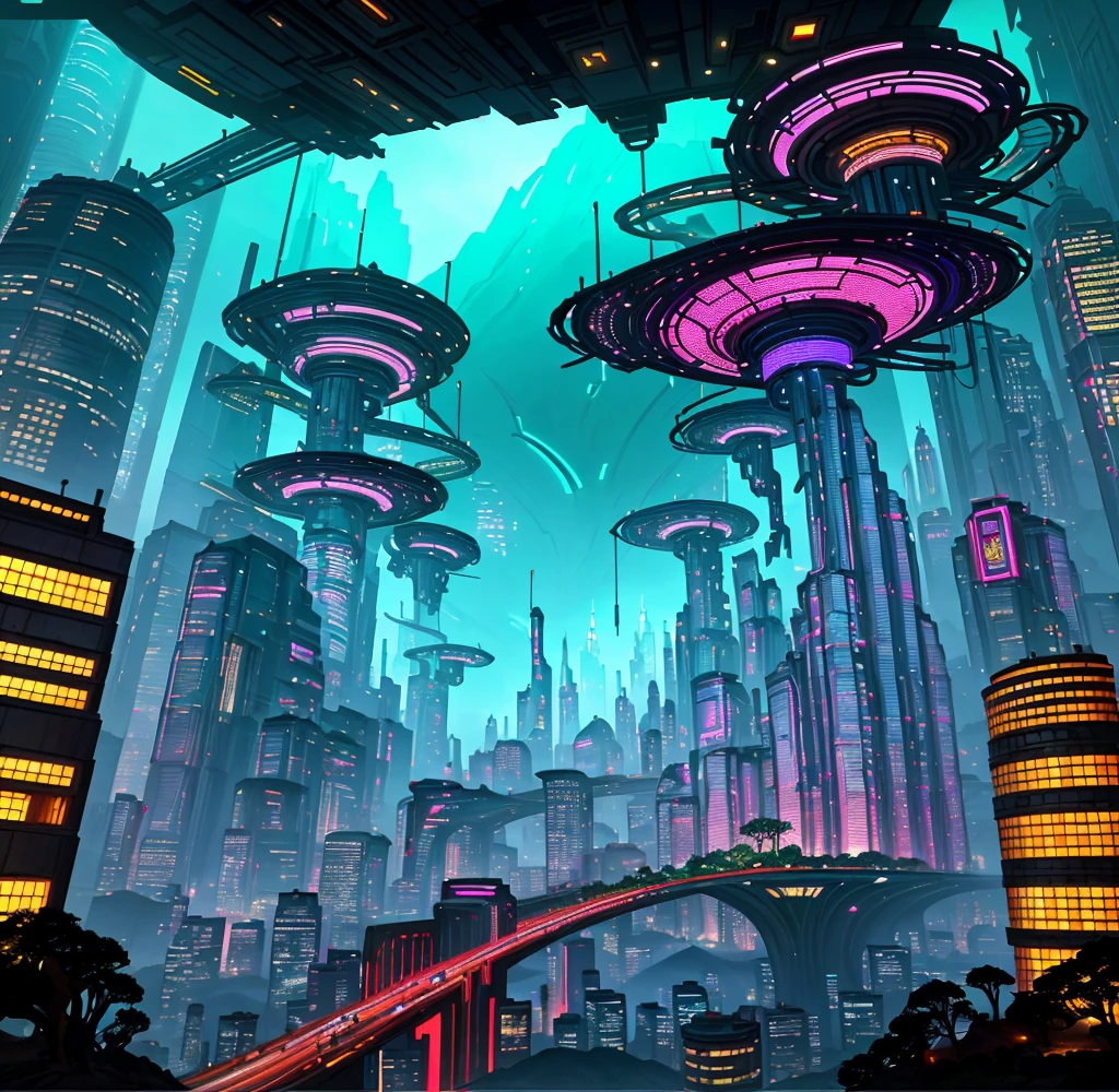 a painting of a fantasy city with a lot of plants and mushrooms, in fantasy sci - fi city, sci-fi fantasy wallpaper, stylized urban fantasy artwork, futuristic utopian fantasy, cyber mushroom city, cyberpunk garden, epic fantasy sci fi illustration, surreal concept art, detailed fantasy digital art, in a cyberpunk garden,