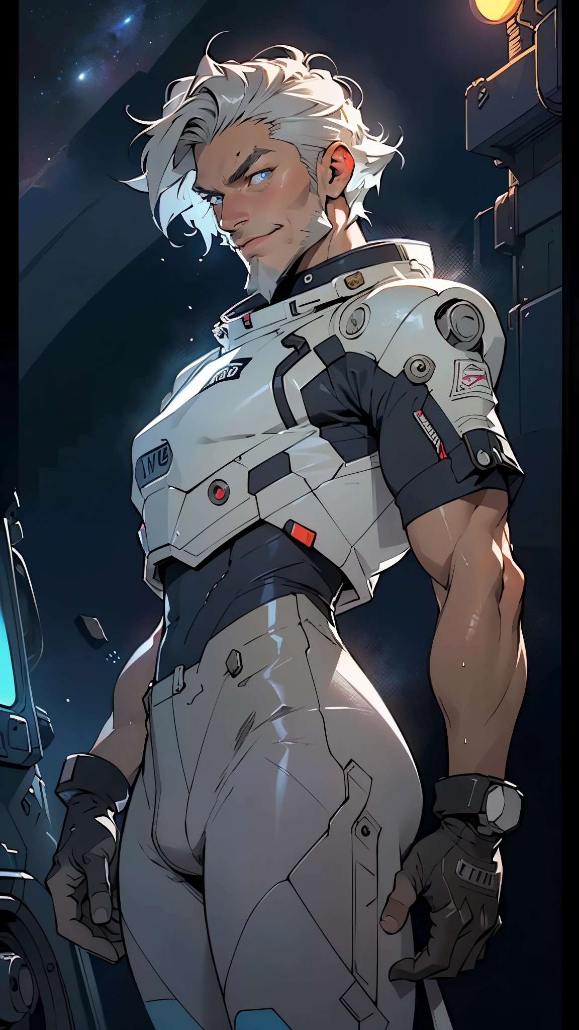 (man:1.5),1 man,space adventure man,(((1man))),
(((1male,man:1.5,handsome man,male,male gender:1.5,male focus))),macho man,old man,big muscle, pectoral, big pectoral, muscular, Mature man,45 year old man,adult,1 man, old macho man
((short gray hair,slicked hair,gray hair)),(((lustrous skin:1.5,tanned skin,bright skin: 1.5,skin tanned,shiny skin,very shiny skin,shiny body,illuminated skin))),(((blue_eyes:1.2))),intricate eyes,beautiful detailed eyes,symmetrical eyes,man chest,handsome face,(((white very short beard, silver very short beard))),((muscular,hairy body,muscular man)),(((detailed face))),
alluring look,nsfw,Viking, barbarian,
space suit pants,((bulge in pants)),((space suit outfit, blue space suit,short sleeve spacesuit)),(wearing a space suit outfit:1.3,space suit clothes),((wet clothes,intricate outfit,intricate clothes)),
(dynamic pose:1.0),solo focus,((evil smile,evil look)),(centered,scale to fit dimensions,Rule of thirds),
cyberpunk city by the ocean at night, with bright neon signs and dark stormy clouds and puddles, scenery:1.25,nighttime, starry night, cosmos,Very dark night that makes the neon lights stand out, very bright neon lights,nighttime, starry night, cosmos,
artistic photography,(photography taken by sldr),highres, sharp focus,(ultra detailed, extremely detailed), (photorealistic artwork:1.37),(extremely detailed CG unity 8k wallpaper),((synthwave background theme)),(((vibrant colors))),intricate,(intricate background),(masterpiece),(best quality),photo realistic,analog style,((intricate detail)),(((realism))),